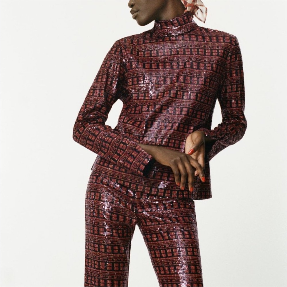 NWT ZARA High Collar Long Sleeve Sequin Top - Size Small